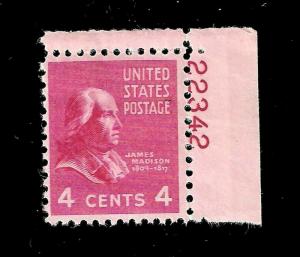 US 1938 Sc # 808 ~ 4 cents James Madison Plate # - Crisp Color