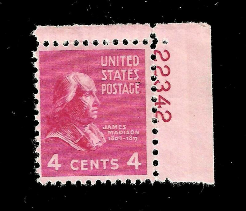 US 1938 Sc # 808 ~ 4 cents James Madison Plate # - Crisp Color