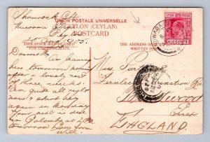 ABAYAGIRI DAGOBA ANURADHAPURA CEYLON 170 STAMP NUWARA OVPT TO UK POSTCARD 1905