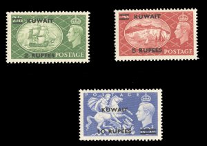 Kuwait #99-101 Cat$130, 1950-51 George VI, three high values, never hinged