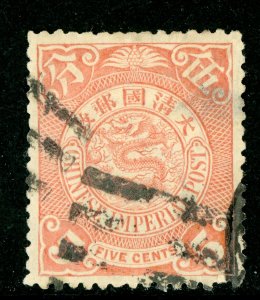 China 1898 Imperial 5¢ Salmon Coiling Dragon Wmk Scott # 102 VFU D395