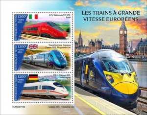 Chad - 2023 European Speed Trains on Stamps - 3 Stamp Sheet - TCH230119a