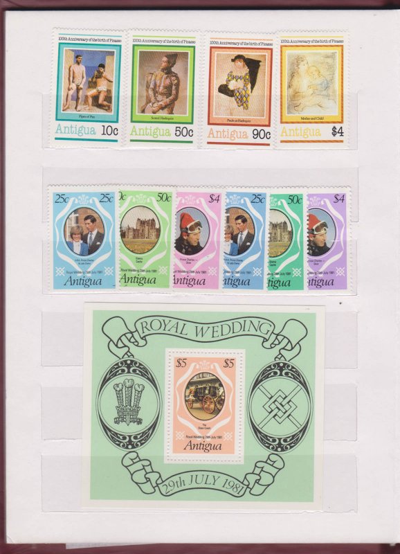 COLLECTION OF ANTIGUA STAMPS IN SMALL STOCK BOOK - 38 STAMPS & 7 M/S MNH