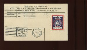 FEB 20-21 1928 CAM 2  LINDBERGH AIRMAIL POST CARD MILWAUKEE, CHICAGO & ST LOUIS