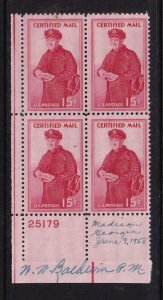 1955 Certified Mail Sc FA1 MNH plate block, local Georgia postmaster signature