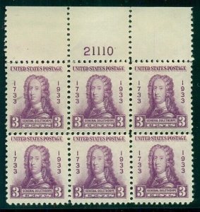US #726 3¢ Oglethorpe, Plate No. Block of 6, og, NH, VF
