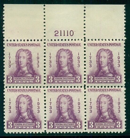 US #726 3¢ Oglethorpe, Plate No. Block of 6, og, NH, VF
