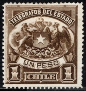 1894 Chile Revenue 1 Peso Coat of Arms State Telegraphs Unused