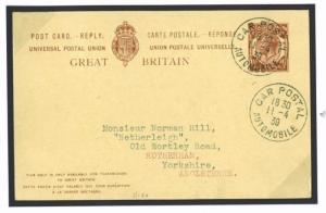 O130 Great Britain Cover 1939 Reply Card Car Automobile French CDS/Rotherham