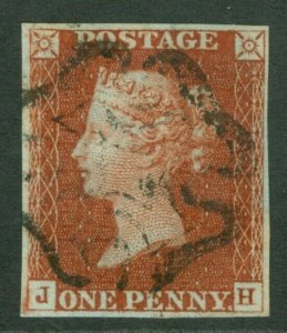 SG 8 1d red-brown plate 38 lettered JH. Very fine used Maltese cross. 4 margins