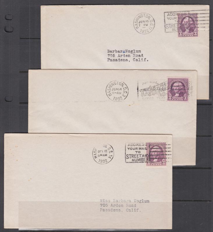 US Sc 720-722 FDCs. 1932 3c Washington, Perf Stamp, Horizontal & Vertical coils