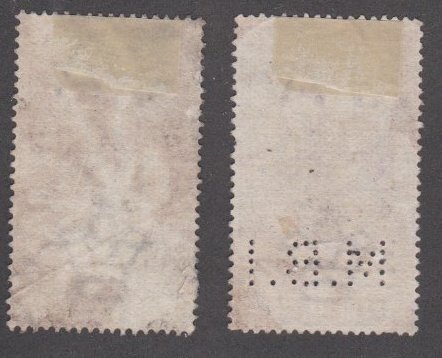 Ceylon Revenue Stamps, 5 & 15 cent stamps, One is Perfin, Used