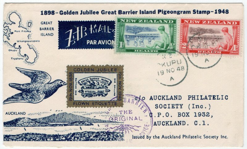 (I.B) New Zealand Cinderella : Pigeon Post Jubilee Cover (1948)