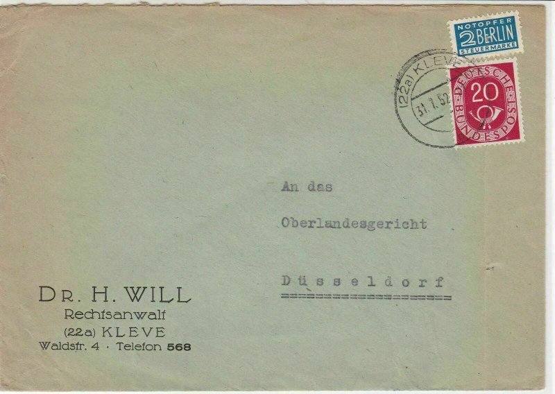 Germany 1952 Kleve Cancel Obligatory Tax Aid for Berlin Stamps Cover Ref 27319