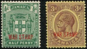 Jamaica SC# MR10-11 SG# 76-7 War Tax 1/2d, 3d MVLH