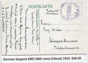 German Seapost #407, SMS Irene (U-Boat), 1916 (M6307)