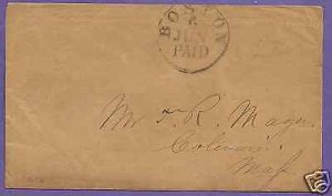 BOSTON-COLERAIN, MA. c1855 STAMPLESS COVER, NO CONTENT, US POSTAL HISTORY COVER