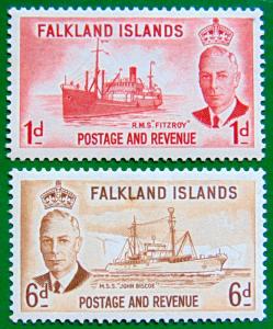 FALKLAND ISLANDS 1952 1d,6d Ships MLH Scott 108,113 CV$20