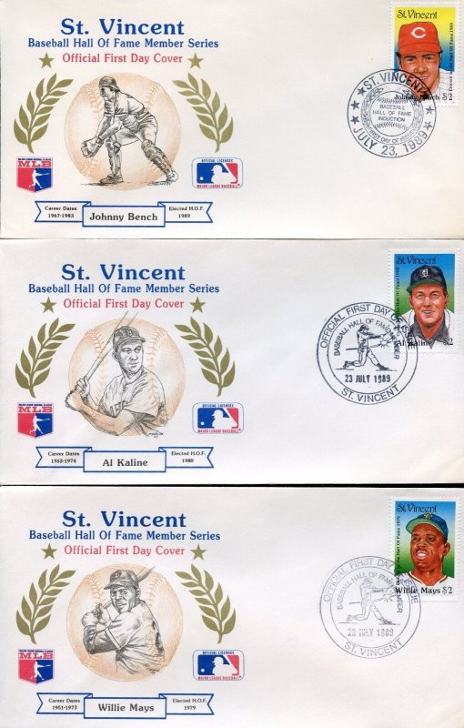 ST. VINCENT 1982 BASEBALL HALL OF FAME MEMBER SERIES SET OF TWELVE ON FDCs