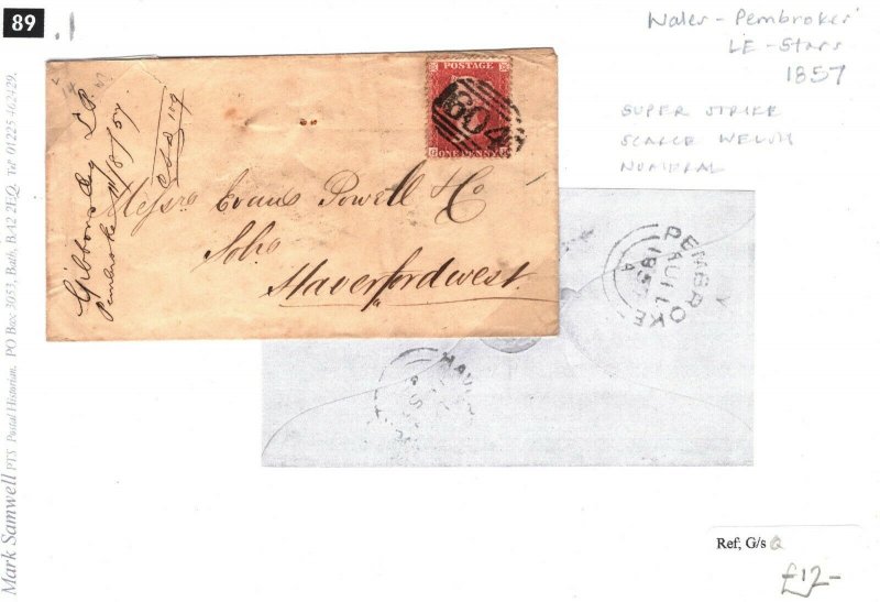 GB WALES Cover 1857 Super Strike SCARCE NUMERAL Pembroke *604* 1d Red 89.1