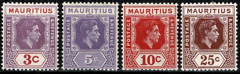 MAURITIUS 1938-49 KG VI 3c-25c (4 STAMPS) PART SET SG253-55-56-59 Wmk.MSCA VGC