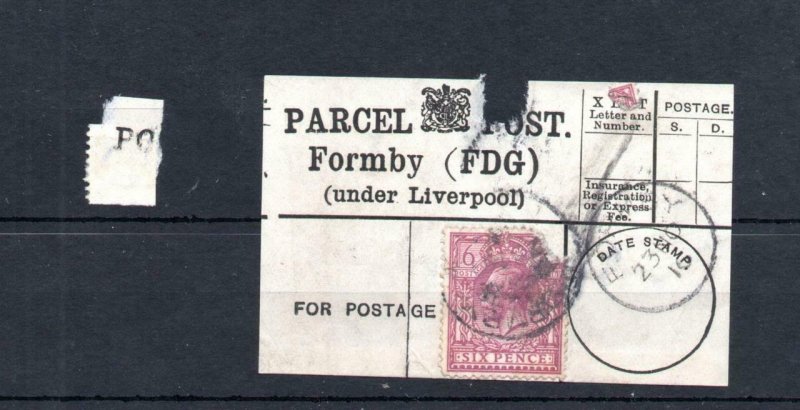 GEORGE V 6d USED ON PARCEL POST LABEL (FORMBY, UNDER LIVERPOOL)