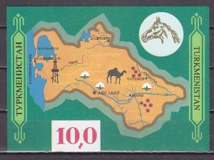 Turkmenistan, Scott cat. 9. Map of Country s/sheet. Oil & Camel in design.