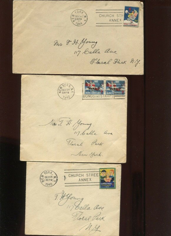 12 1930-50'S ERA CHRISTMAS SEALS ILLEGAL POSTAGE USAGES ON COVERS (915C) XMAS