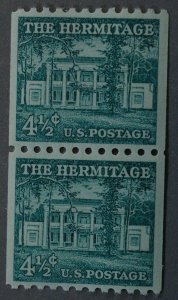 United States #1059 4 1/2 Cent Hermitage Coil Pair Large Holes MNH
