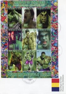 Chad 2018 FDC Hulk Stan Lee Superheroes 9v M/S Cover Comics Movies Stamps