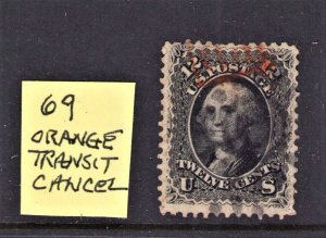 US #69  12 Cent Washington 1861 Partial Orange Red Foreign Transit Cancel