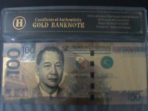 ​PHILIPPINES-2019-24 KARAT GOLD REPLICA $100 PESO BANK NOTE-WITH CERIFICATE VF