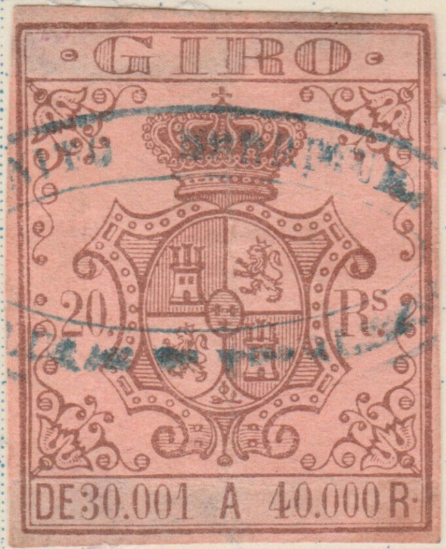 ESPAGNE / SPAIN / ESPAÑA 1861 Sello Fiscal (GIRO) 20 reales - (repaired)