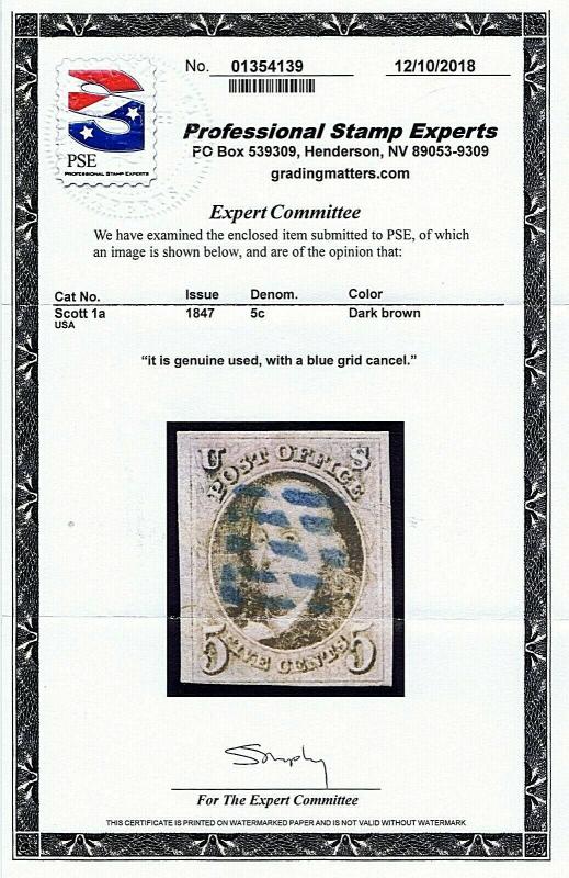 SC#1a  USED 5C FRANKLIN 1847, 4 MARGINS  RARE GRID OF BLUE DASHES 2018 PSE CERT 