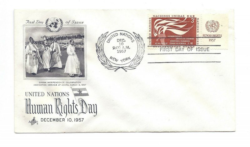 UN NY #57  3c United Nations Human Rights Day 1957 ArtCraft MI tab FDC