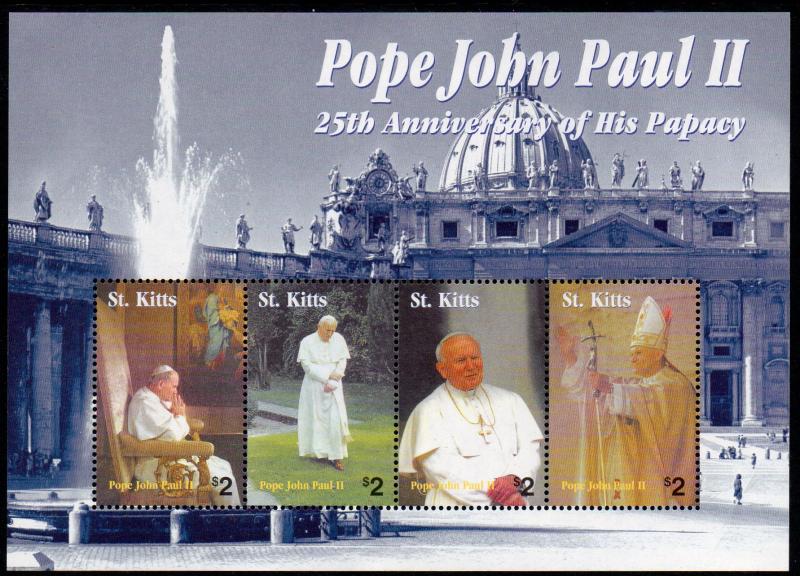 ST. KITTS 592 MNH S/S SCV $6.50 BIN $4.00 POPE JOHN PAUL II