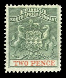 Rhodesia #3 Cat$19, 1891 2p gray green and vermilion, hinge remnant