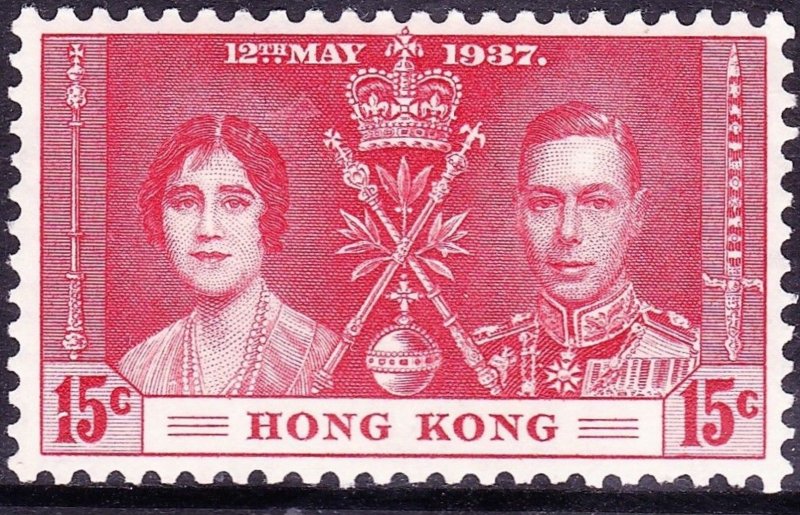 HONG KONG 1937 KGVI 15c Carmine SG136 MH