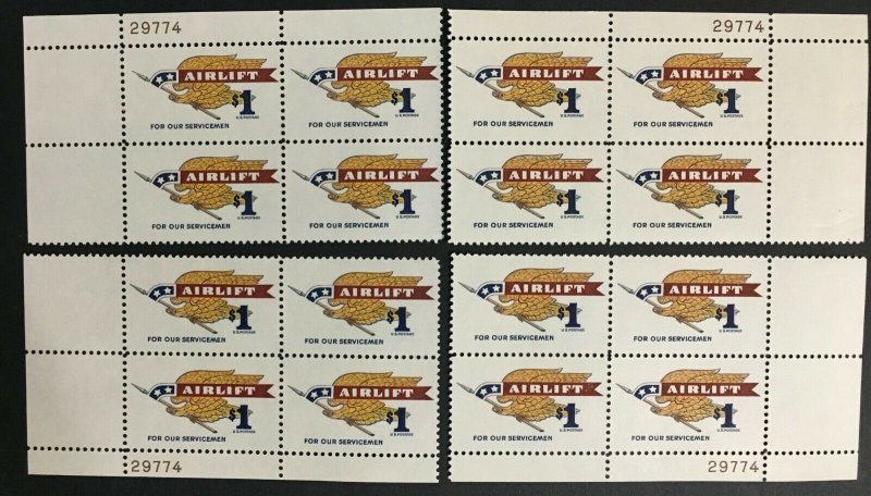 Scott #1341 $1 Airlift Matched Plate Blocks MNH, $16 FV