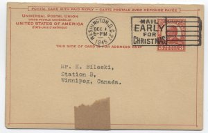 1945 UY12 postal card attached message/reply DC to Canada [y8817]