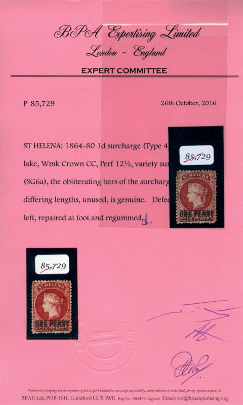 ST HELENA 1864 1d lake DOUBLE SURCHARGE in different sizes Type 4A+C SG 6a  RARE