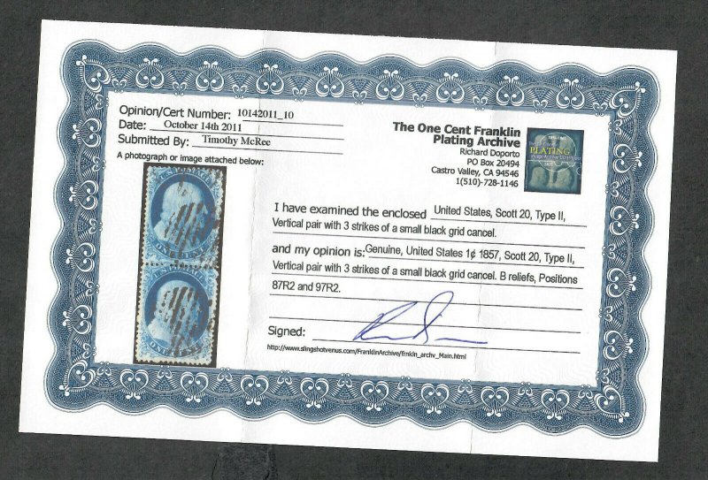 US Sc#20 Used/F, Pair Pos 87R2, 97R2, Doporto Cert., C.v. $625