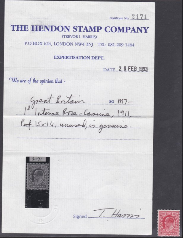M7(-) 1d Intense Carmine Harrison perf 15x14 With Hendon Cert UNMOUNTED MINT