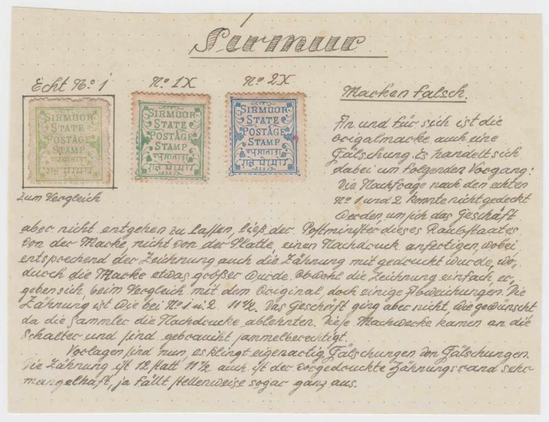 INDIA SIRMOOR 1879 Sc 1-2 THREE FORGERIES DESCRIBED IN GERMAN ON PART ALBUM PAGE