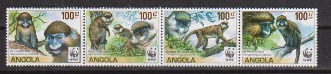 2011 Angola Scott 1364 Macaques MNH strip of 4 folded once