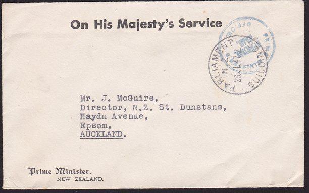 NEW ZEALAND 1947 OHMS cover Prime Minister frank, Parliament cds............7020