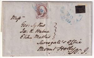 15L13 Blood's + 5c 1847 tied on 1850 cover to NJ by blue 5c CDS. CV $2000.