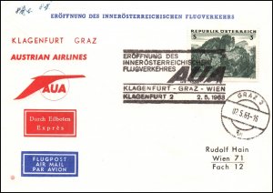 Austria Austrian Airlines Klagenfurt to Vienna 1963 1st Flight Cover