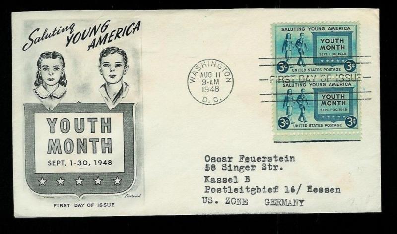 Saluting Young America Youth Month 1948 Pair 963 Airmail Rate to Germany US Zone