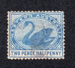 Western Australia 1890-93 2 1/2p blue Swan, Scott 64 used, value = $3.25